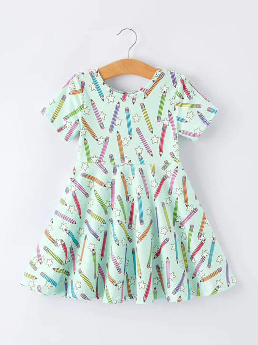 Back to School Pencil Print Girls Dress Short Sleeve